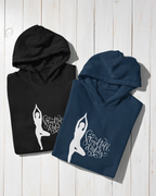 Black and navy hoodies with front kangaroo pockets and yoga silhouette logo.