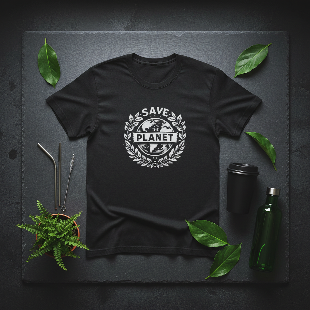 Black T-shirt with white 'Save the Planet' emblem logo at center