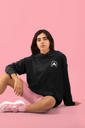 Black unisex sweatshirt with hood and embroidered headphone logo on chest