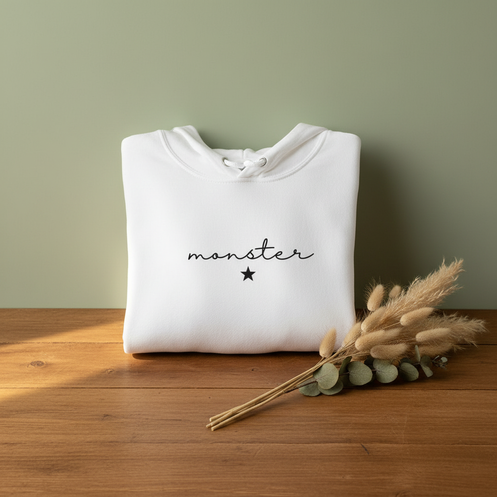 Folded white hoodie with monster graphic print on the chest