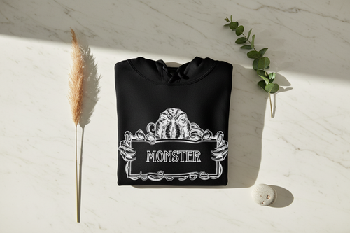 Black Monster Hooded Sweatshirt with white monster logo graphic on chest