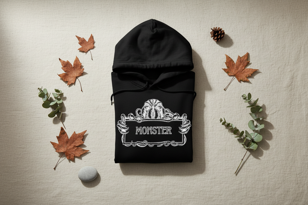 Black Monster Hooded Sweatshirt folded with hood and white monster logo