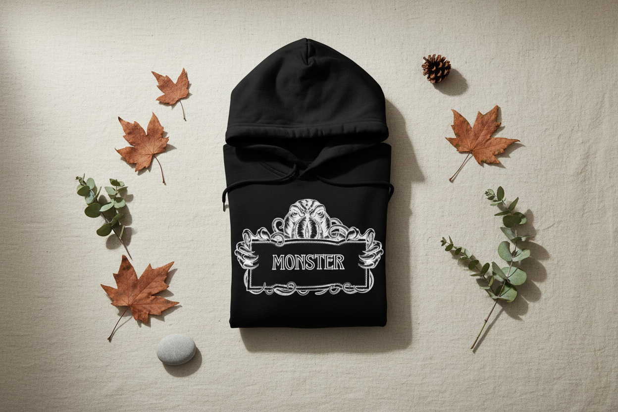 Black Monster Hooded Sweatshirt folded with hood and white monster logo