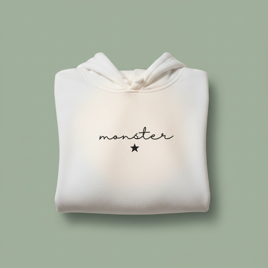 Folded white monster graphic hoodie with drawstring hood and front chest print