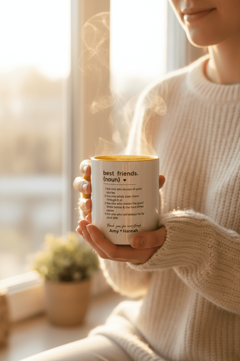 Personalised friendship mug with 'best friends' quote, steam, and name on front