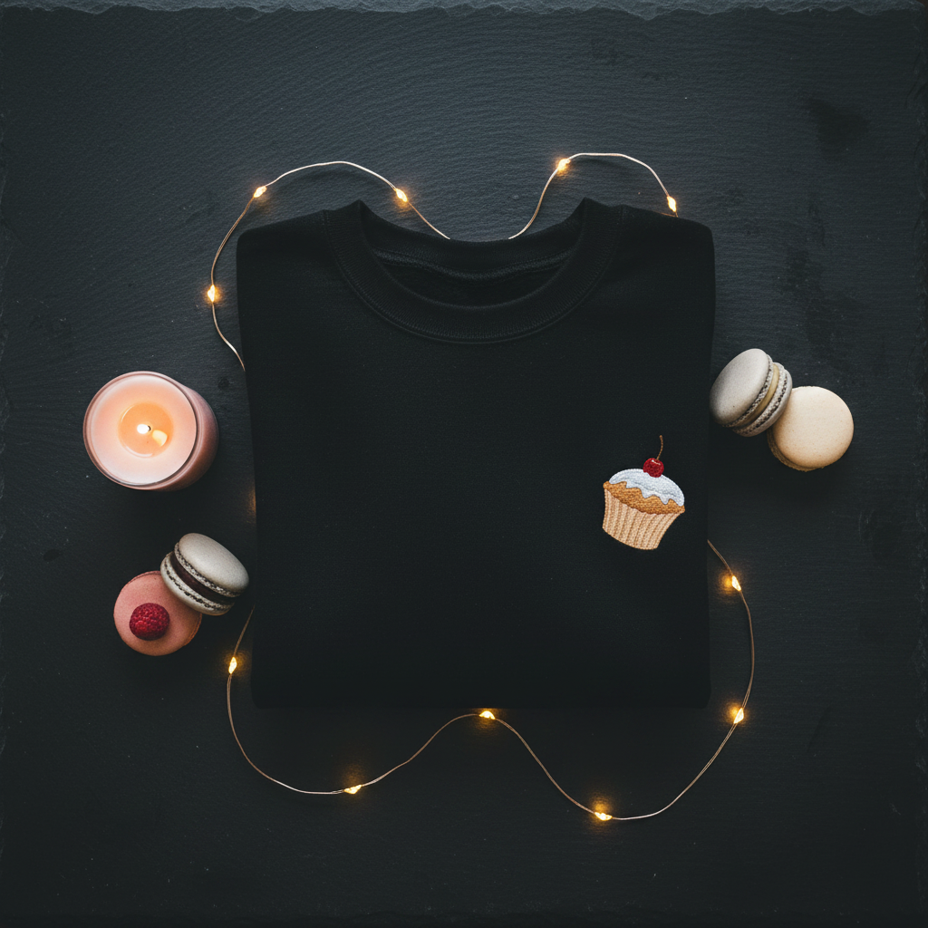 Black crewneck sweatshirt with embroidered cupcake graphic on the front
