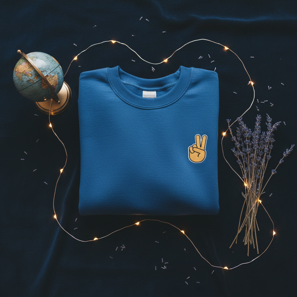 Royal blue crewneck sweatshirt with peace-sign hand embroidery detail