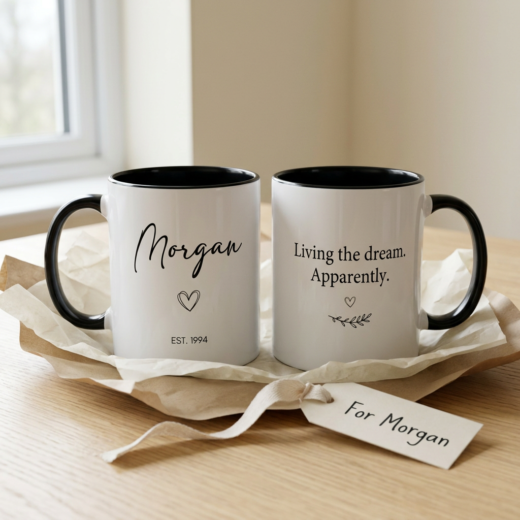Morgan EST. 1994 black mug with Living the dream. Apparently. quote and gift-wrapped styling
