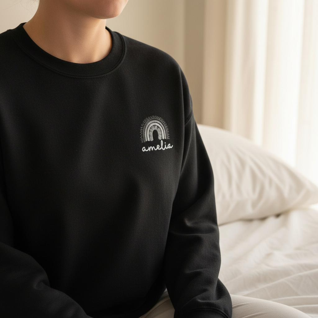 Black custom name sweatshirt with embroidered rainbow arch logo: amelia