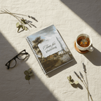 A5 wirobound planner notebook on light fabric with vintage landscape cover and “Time for Planning”.