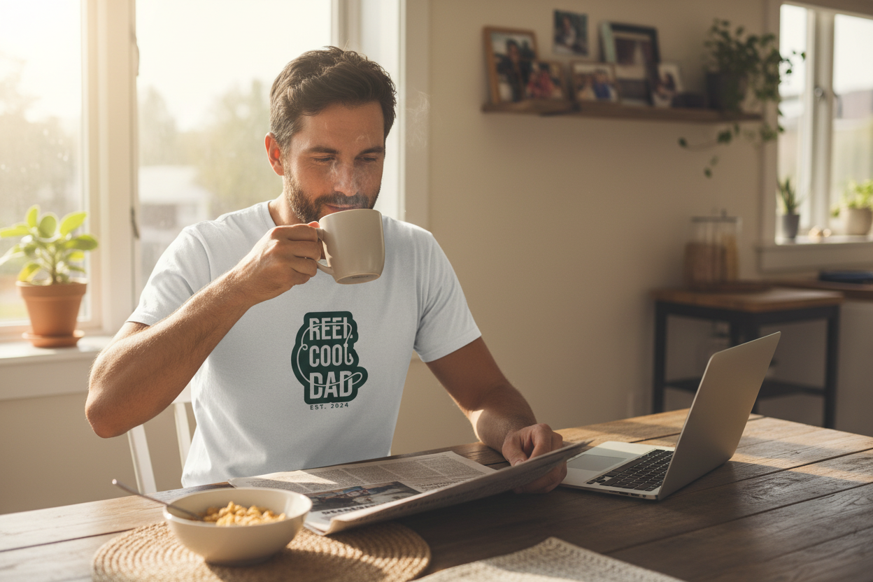 White Cool Dad coffee mug graphic T-shirt with 'Keep Cool Dad' chest print