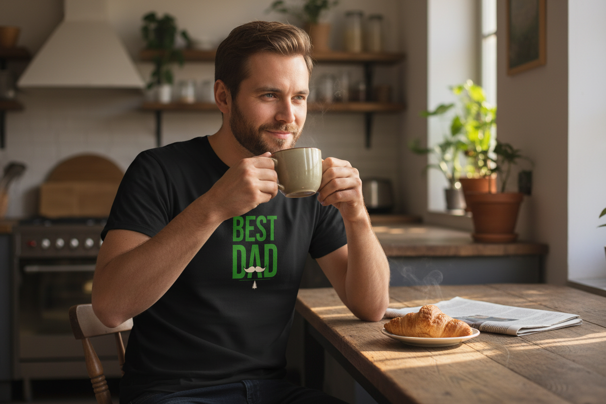 Black T-shirt with green "Best Dad" typography on the front