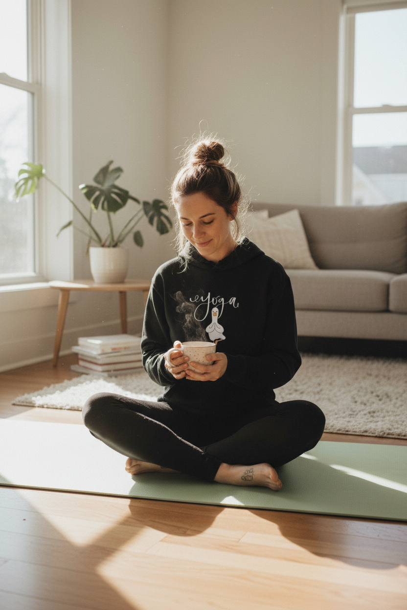 Black yoga duck pose hoodie worn during seated yoga practice