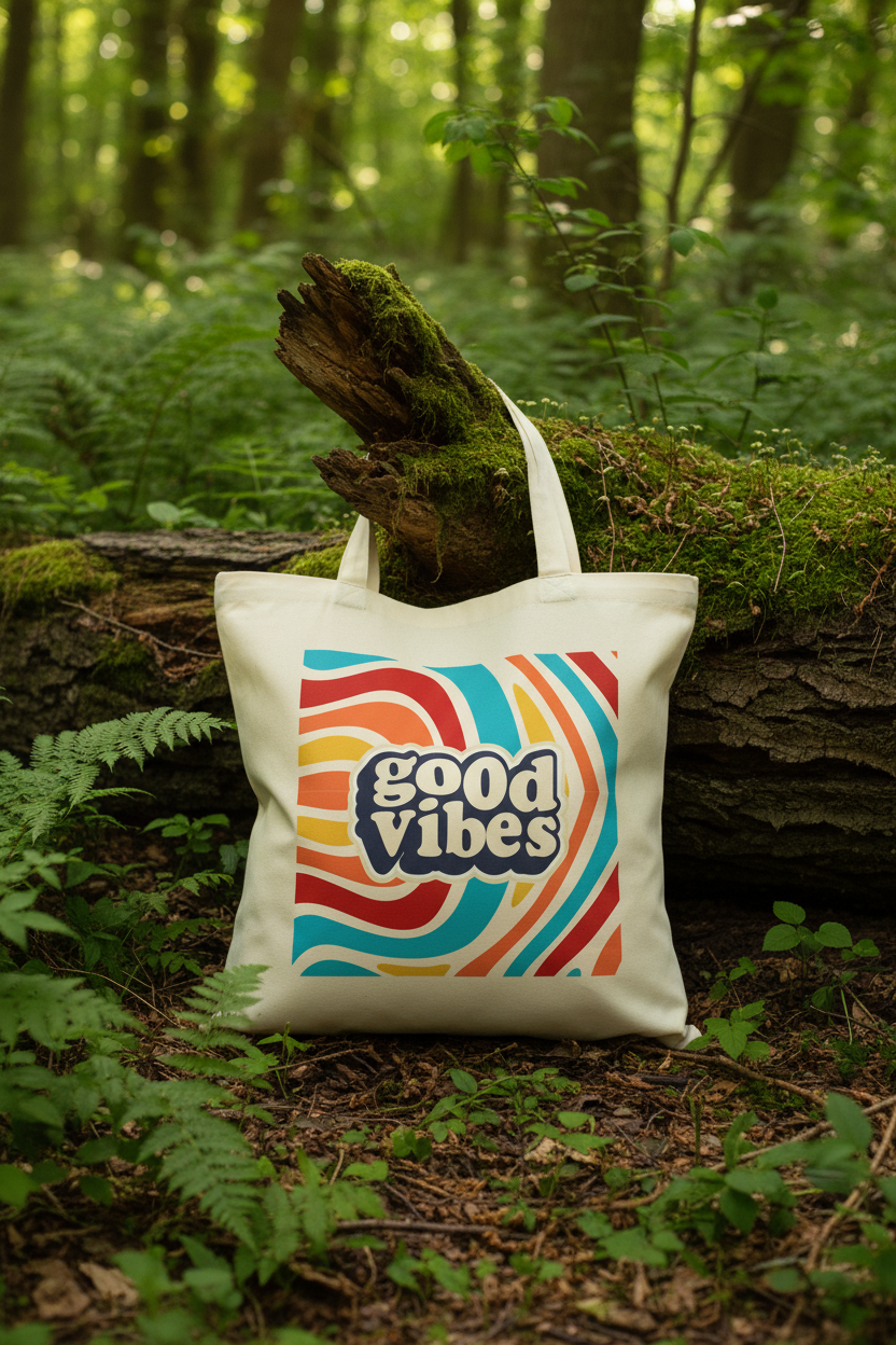 Canvas tote bag on forest floor with 'good vibes' retro swirl logo front