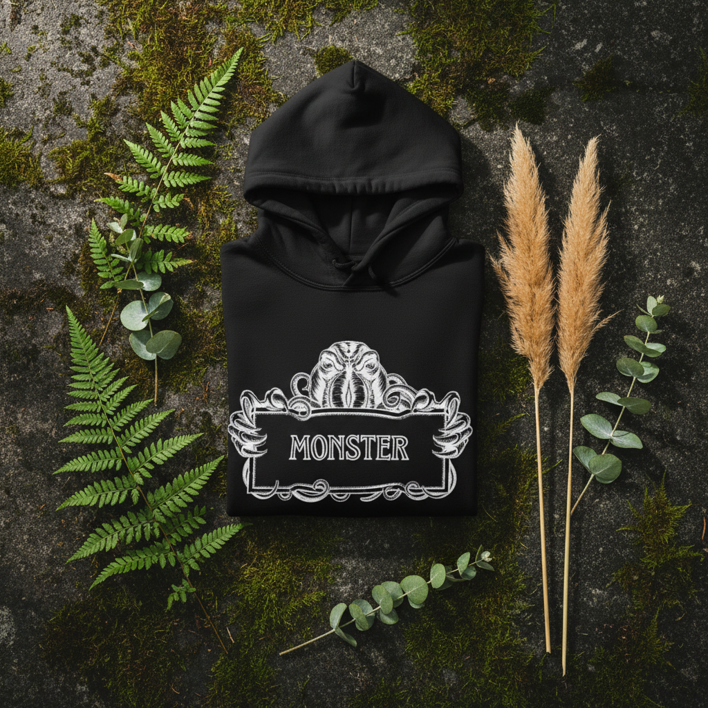 Black hoodie front view with large Monster graphic on chest and drawstring hood.