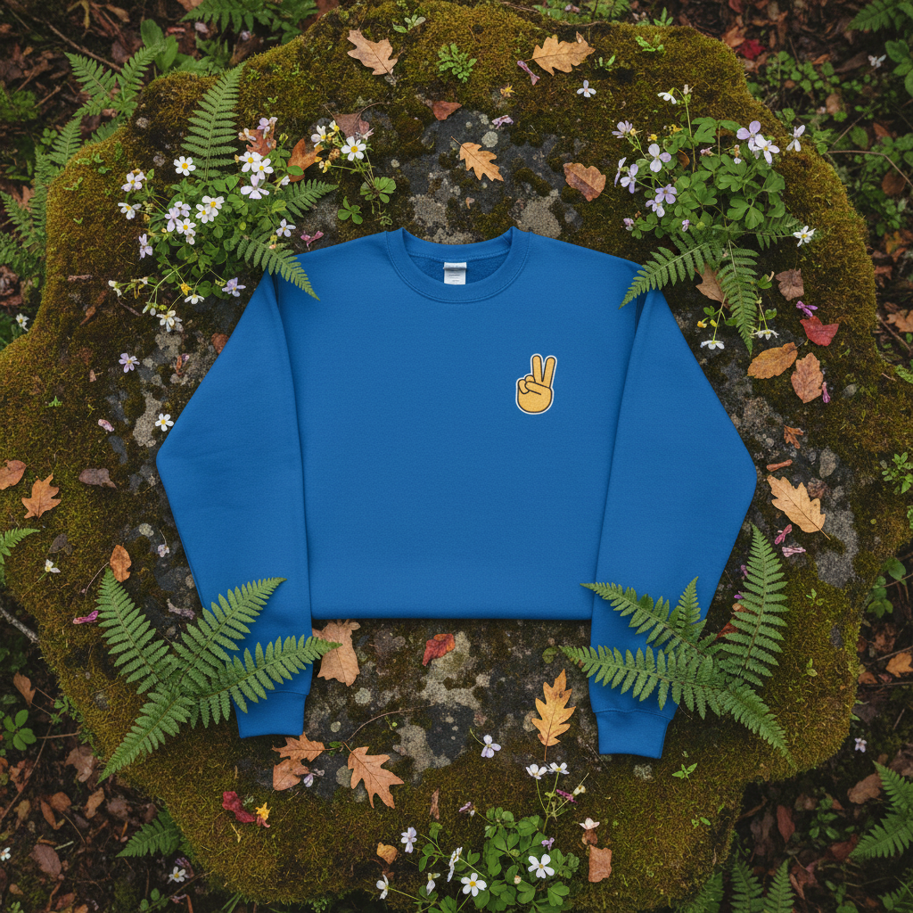 Royal blue sweatshirt with peace sign hand embroidery, folded with crew neck