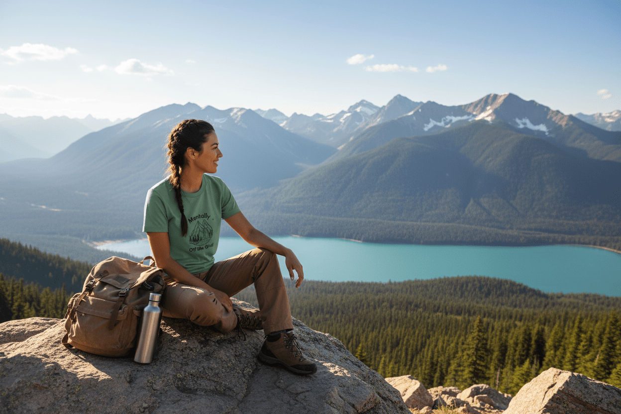 Green custom T-shirt worn by a hiker, featuring mountain graphic and "Off the Grid"