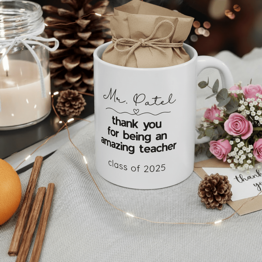 Personalised teacher thank-you mug in wrapped pouch, 'Mr Patel' and 'Class of 2025'.