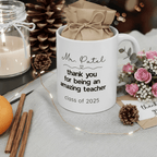 Personalised teacher thank-you mug in wrapped pouch, 'Mr Patel' and 'Class of 2025'.