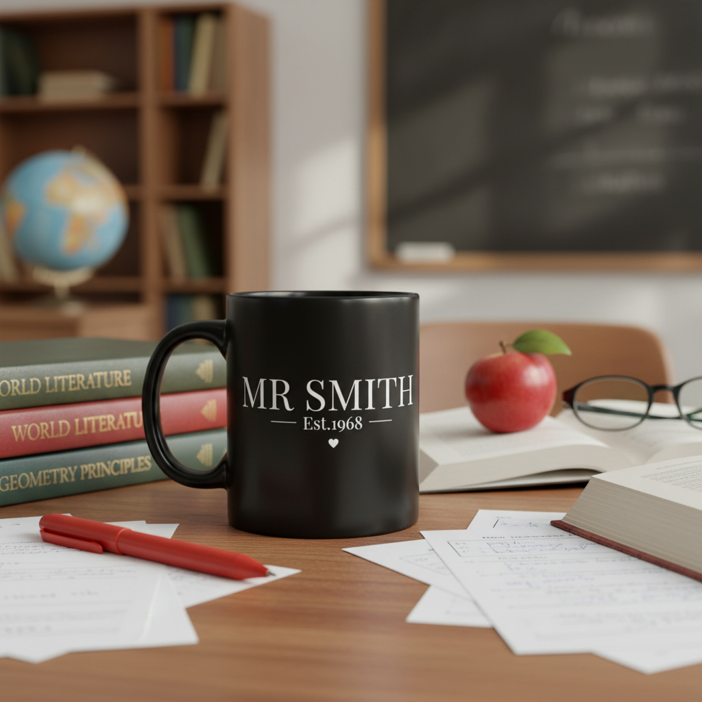 Black mug with "MR SMITH" text and "Est.1968" on a desk