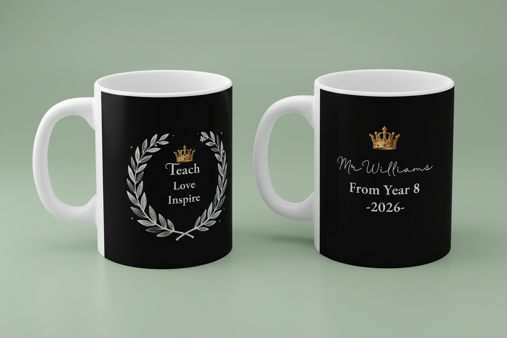 Two black mugs: Teach Love Inspire; and Mr Williams, From year 8 -2026