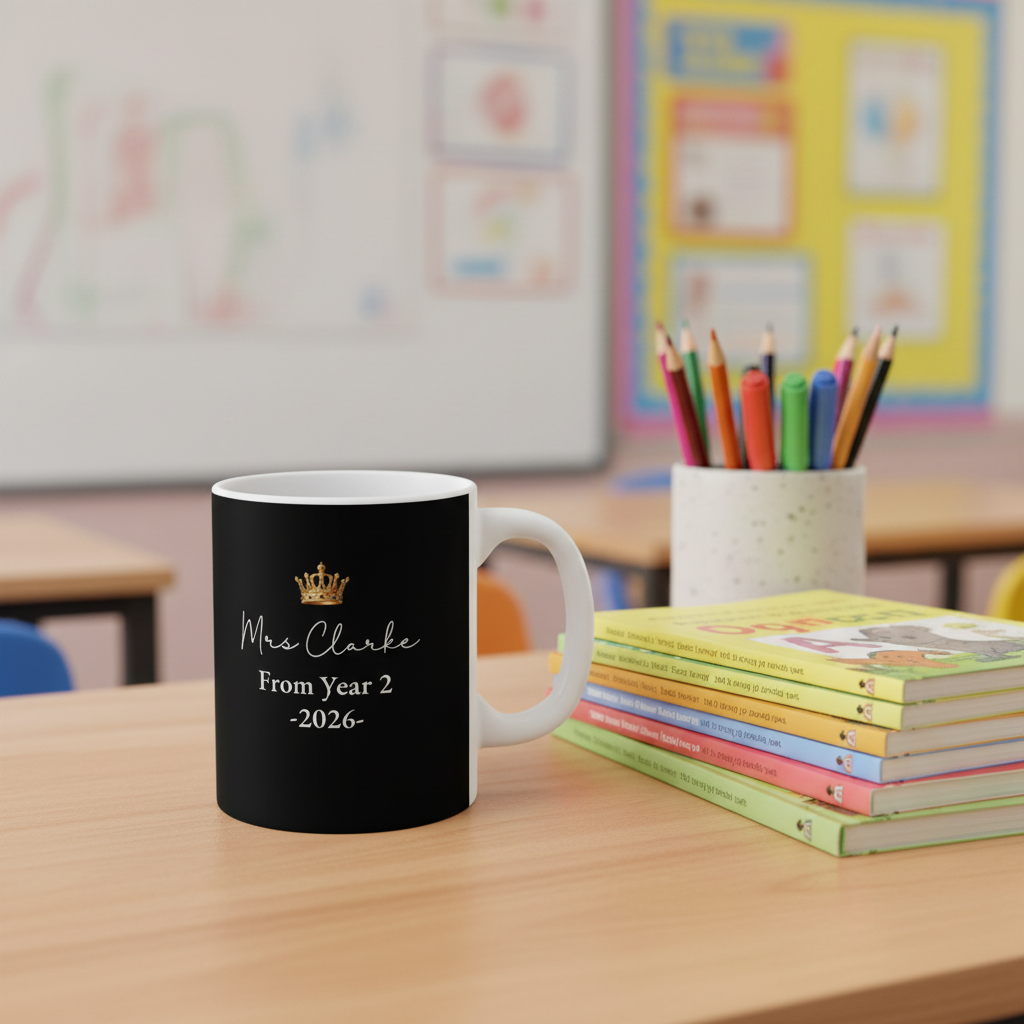 Black teacher mug with gold crown, Ms Clarke, From year 2 -2026
