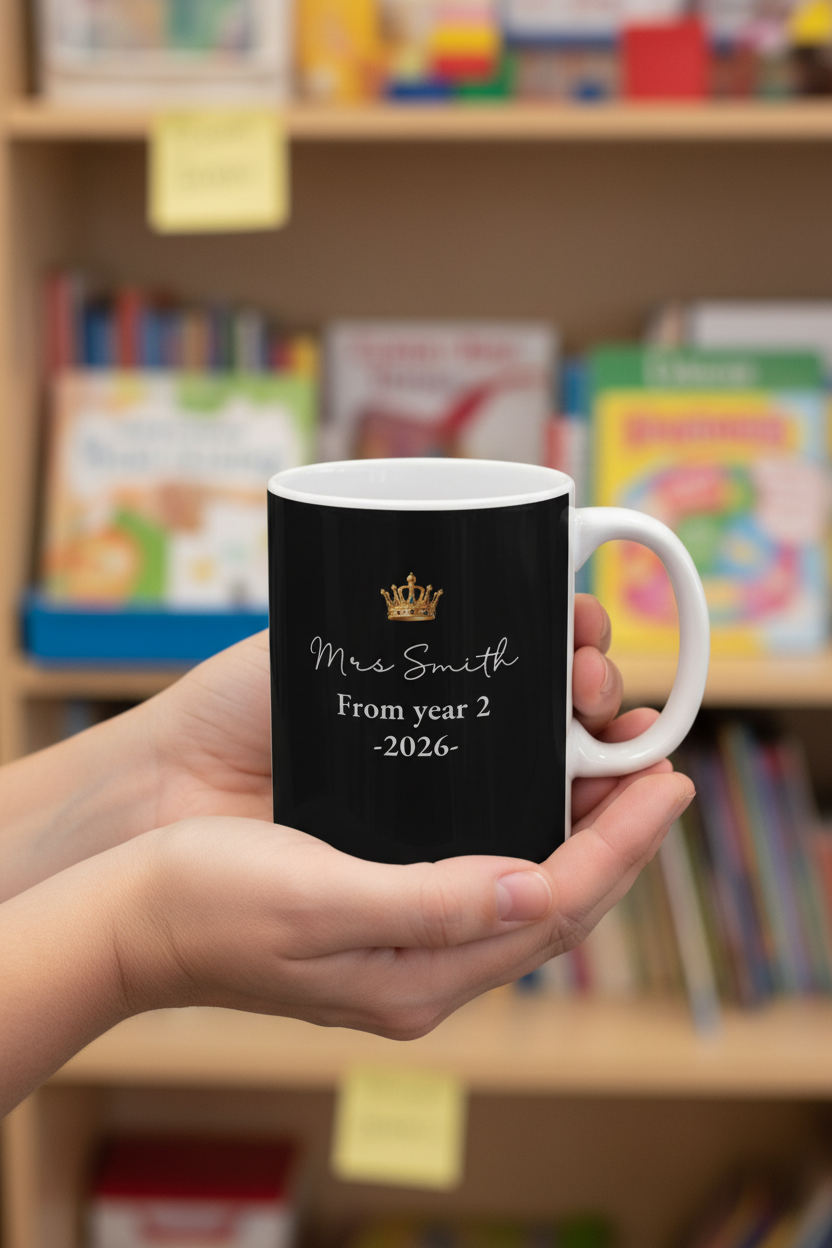 Black personalized teacher mug with crown and “Mrs Smith From year 2 -2026-” text