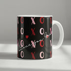 Personalised love mug, black with pink XO pattern and red heart script, white handle