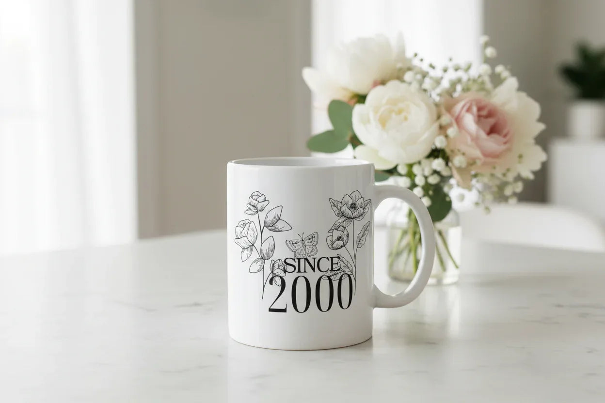 White ceramic mug with floral line art and text “SINCE 2000” on the front.