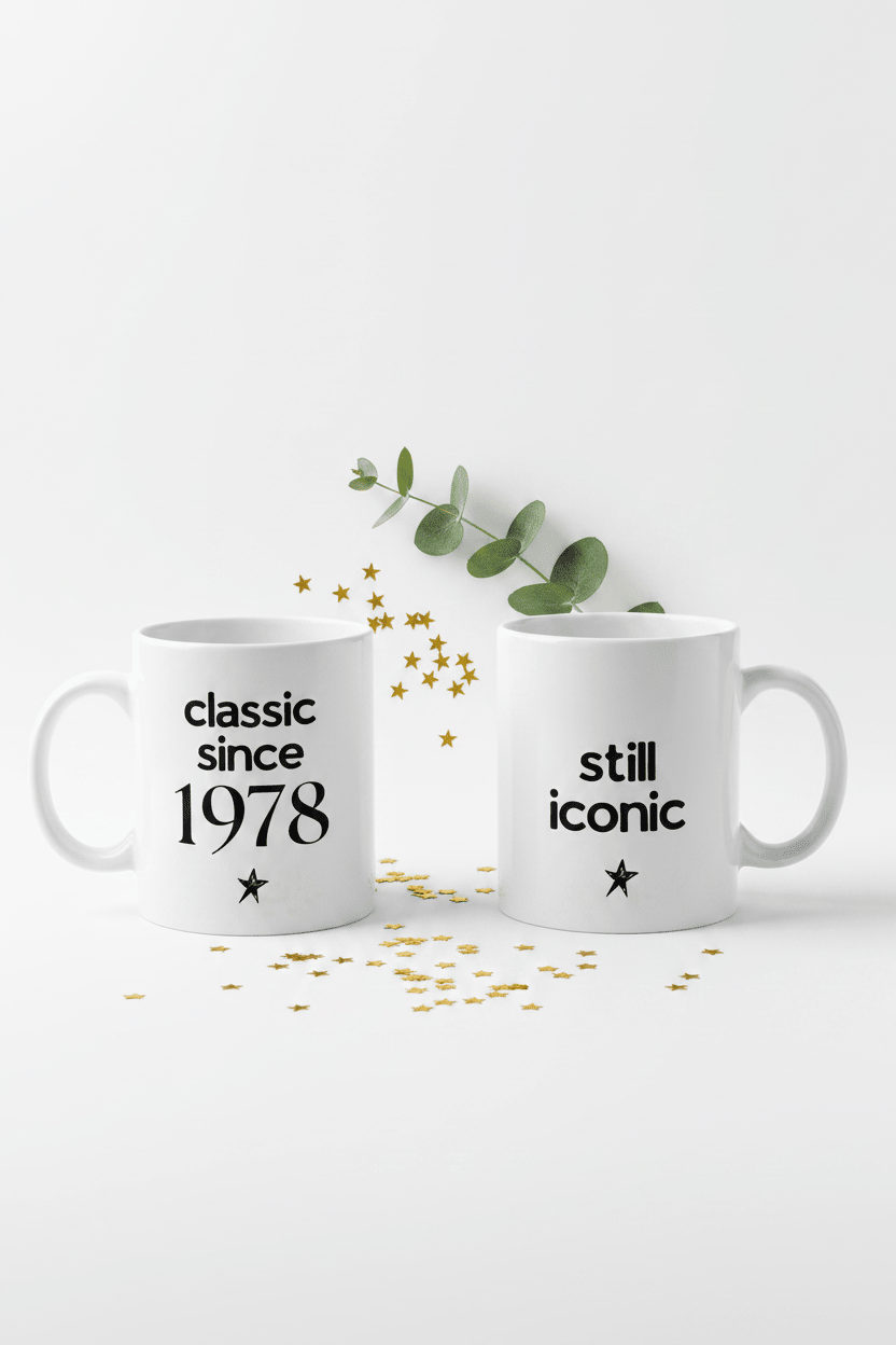 Ceramic coffee mugs pair: one “classic since 1978”, one “still iconic”, star icons