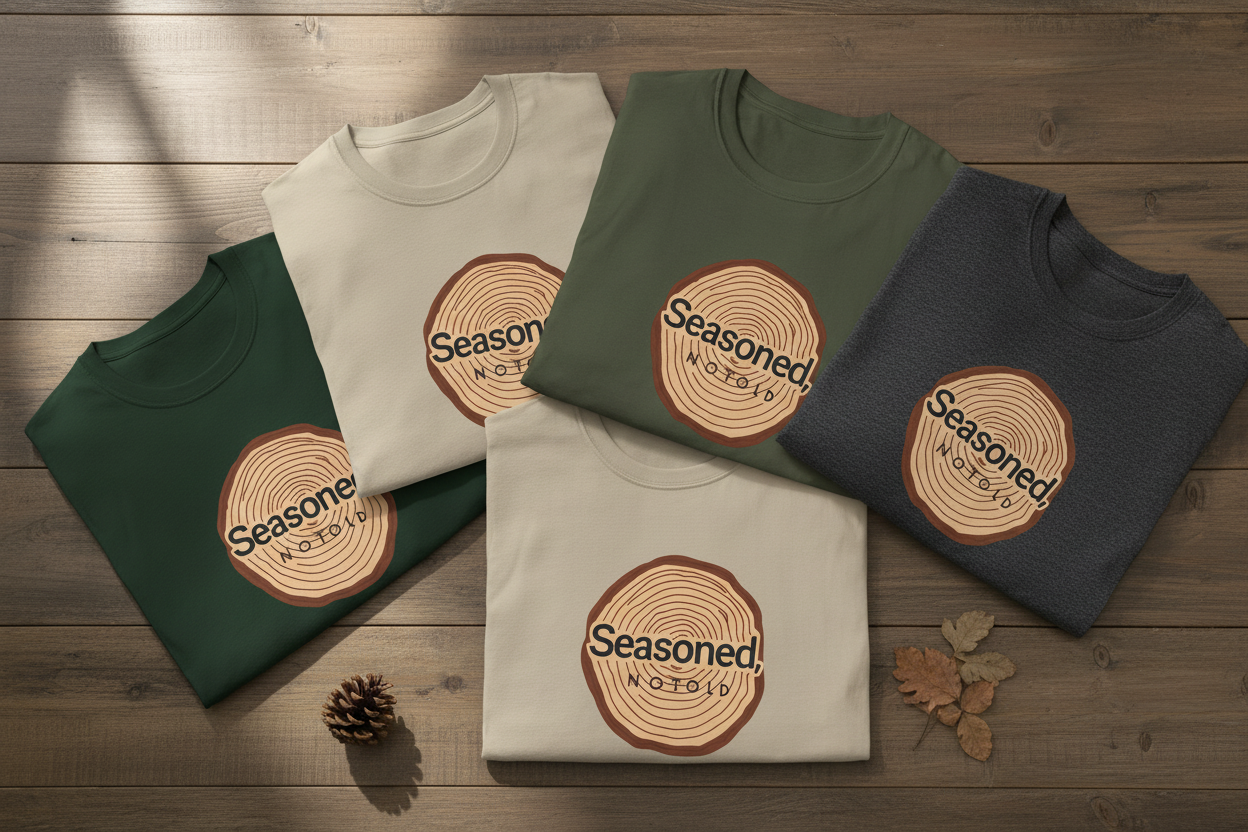 Multiple t-shirts stacked in white, green, and charcoal, each with Seasoned wood-slice logo