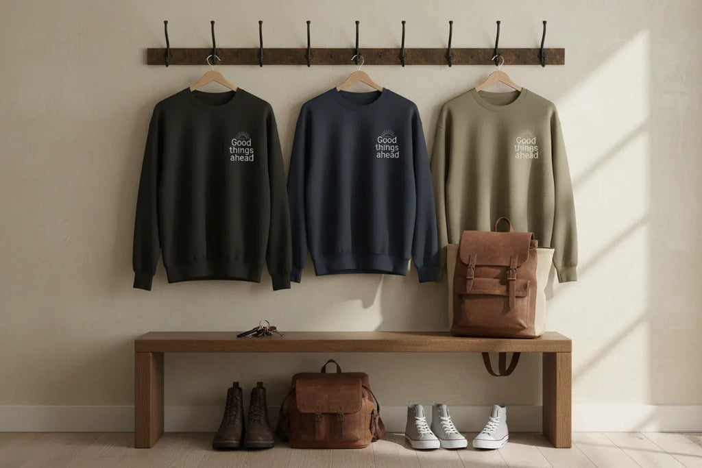 Crewneck sweatshirts on wall rack in black, navy, and light tan