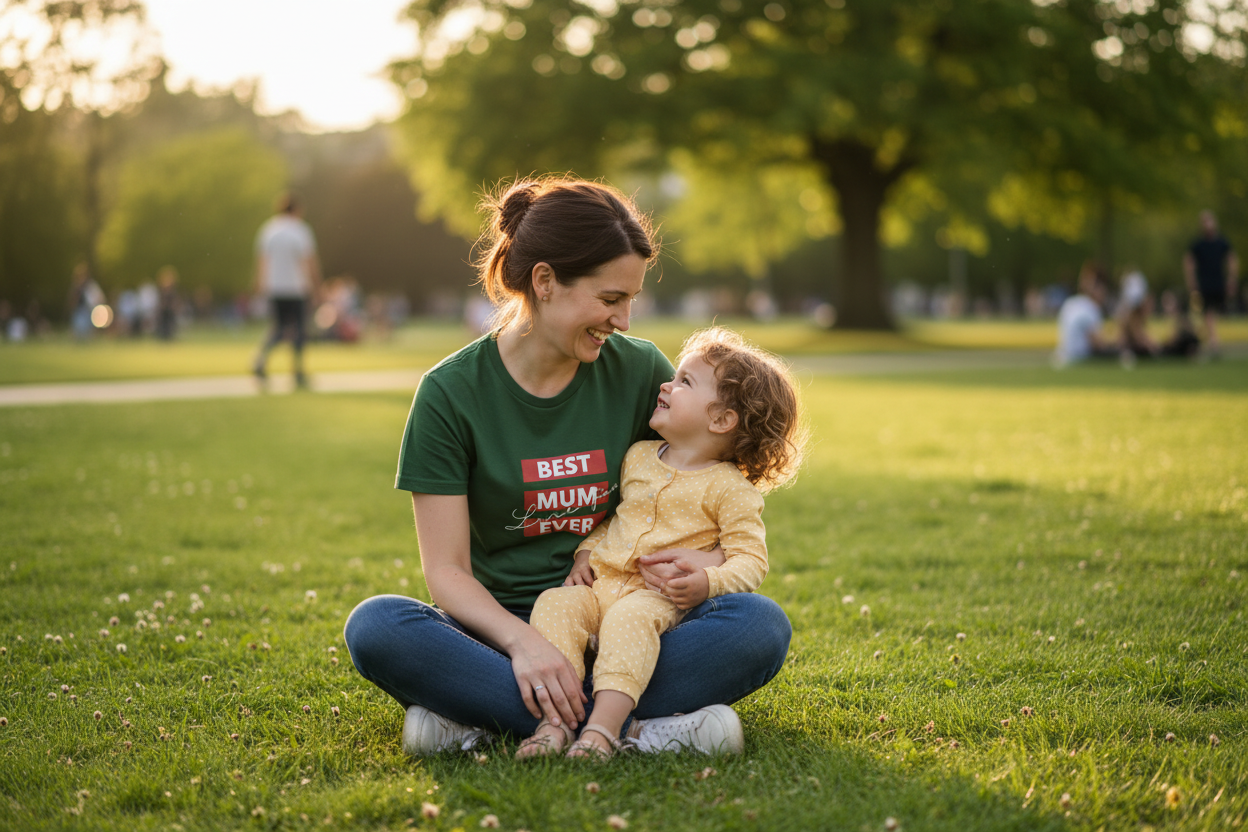 Mum and Child on Grass - Green Tee