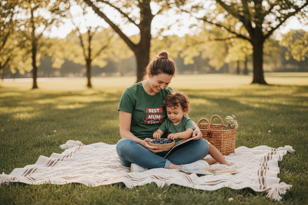 Mum and Child on Picnic Blanket - Green Tee