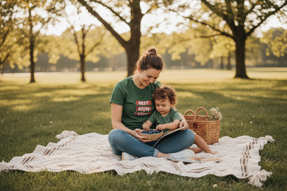 Mum and Child on Picnic Blanket - Green Tee