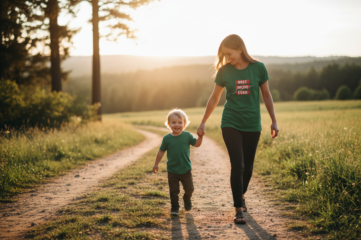 Mum and Child Walking - Green Tee