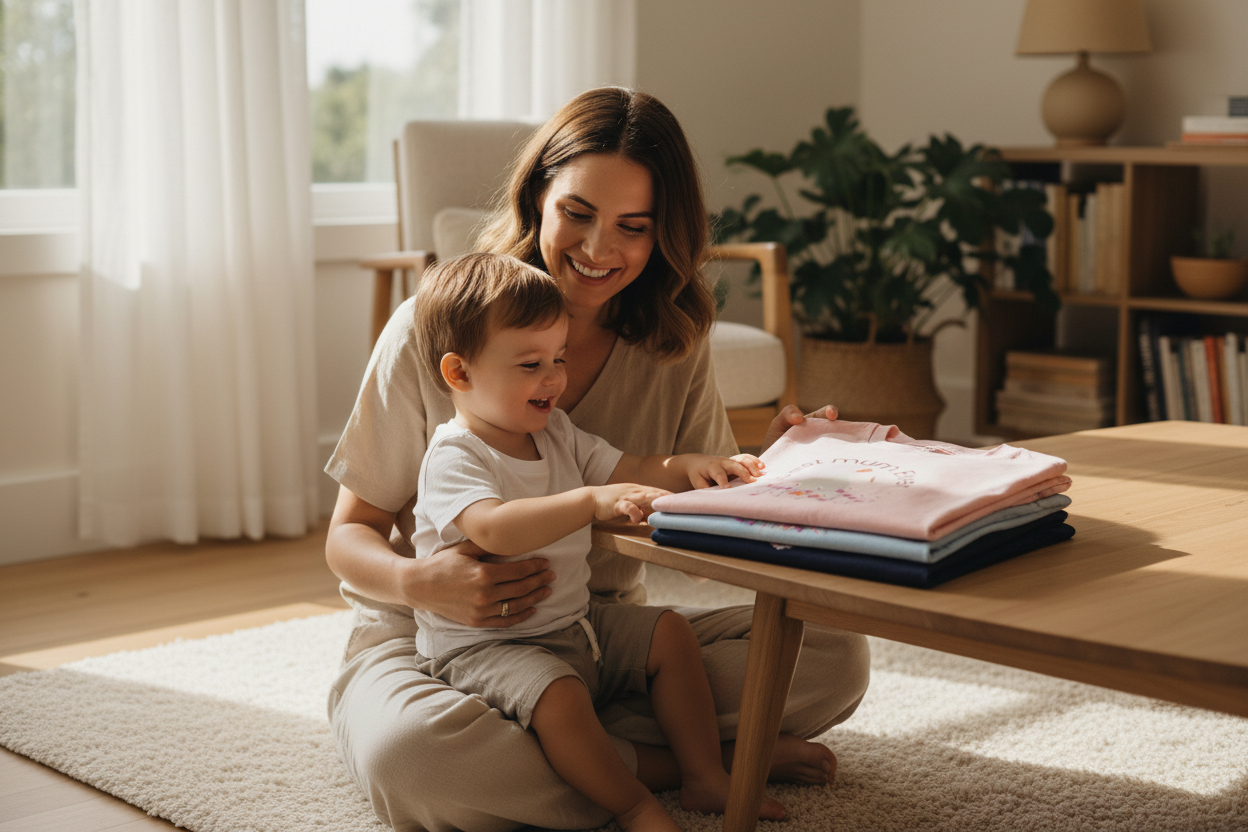 Mum and child with folded adult t-shirts