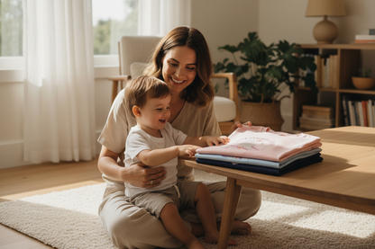Mum and child with folded adult t-shirts