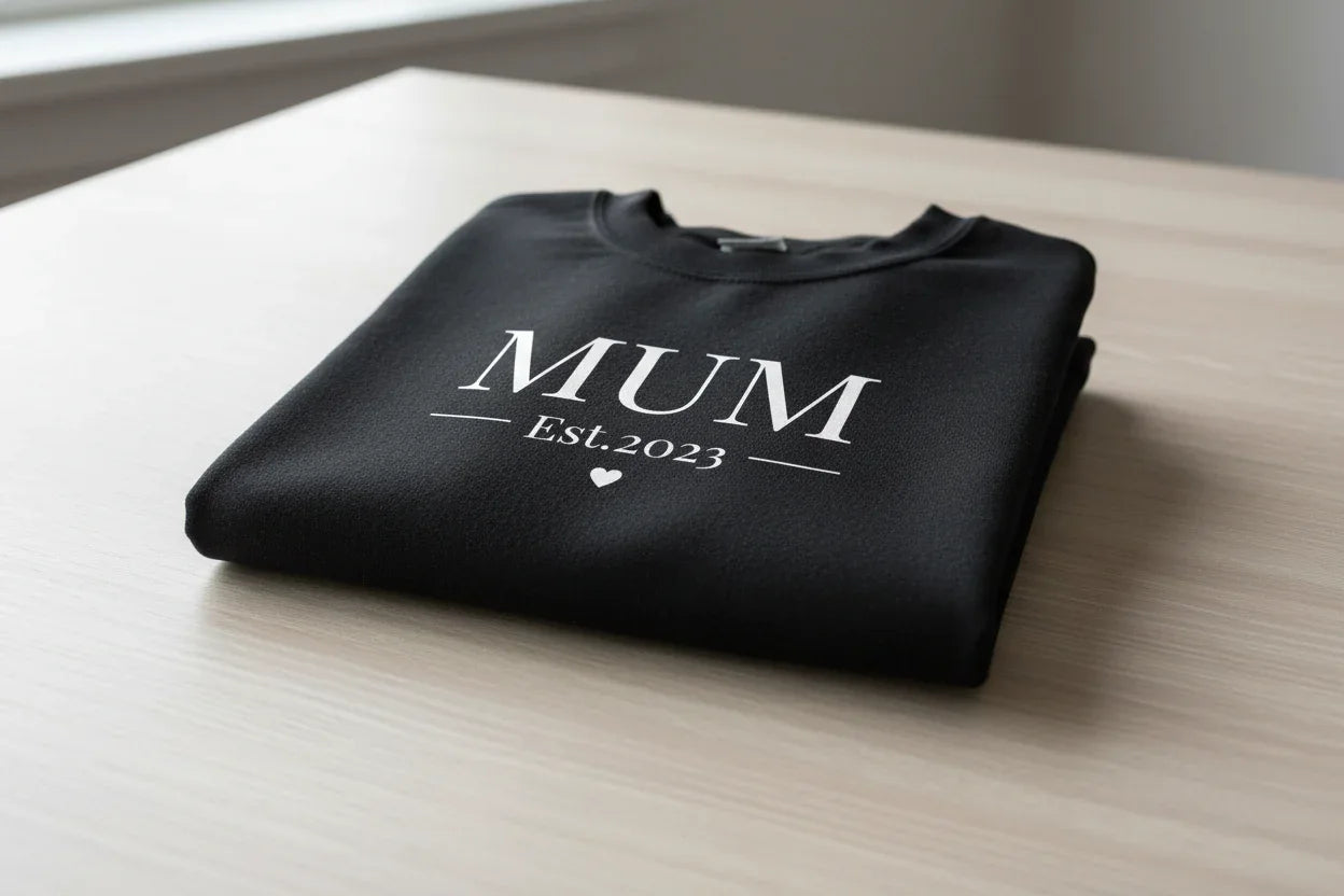 Folded personalised black sweatshirt with front text "MUM" and small Est.2023