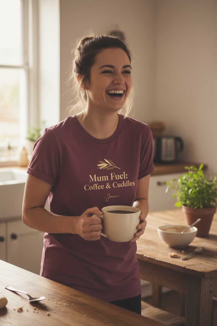 Maroon personalized t-shirt with gold “Mum Fuel: Coffee & Cuddles” text