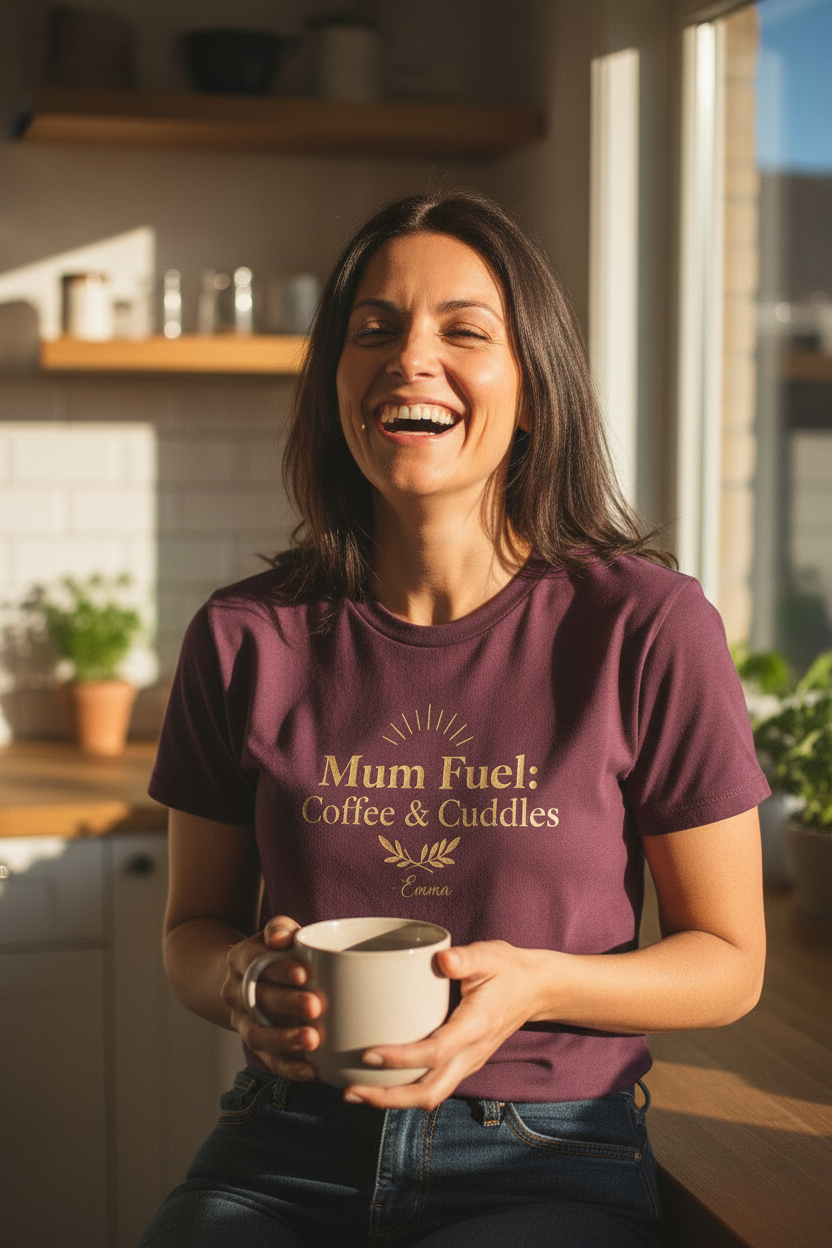 Maroon personalized t-shirt with gold “Mum Fuel: Coffee & Cuddles” text