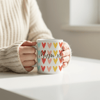 White mug with colorful hearts and black cursive name lettering, held in hand