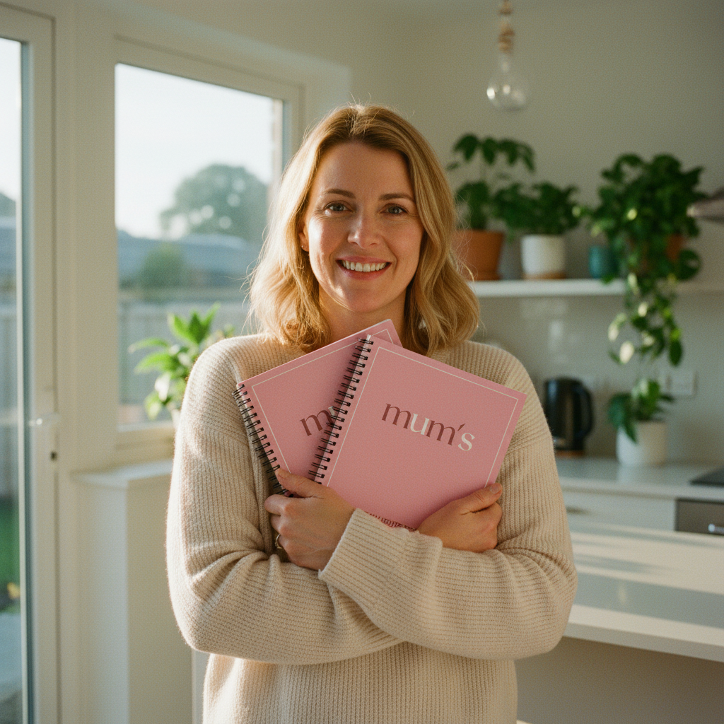 Mum in jumper holding notebooks to chest