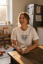White crew-neck T-shirt with "I GOT THIS FROM MY KIDS" text, worn by smiling woman