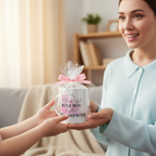 Gift-wrapped coffee mug with pink bow held in hands, 'Mum Life Rule No 1' text