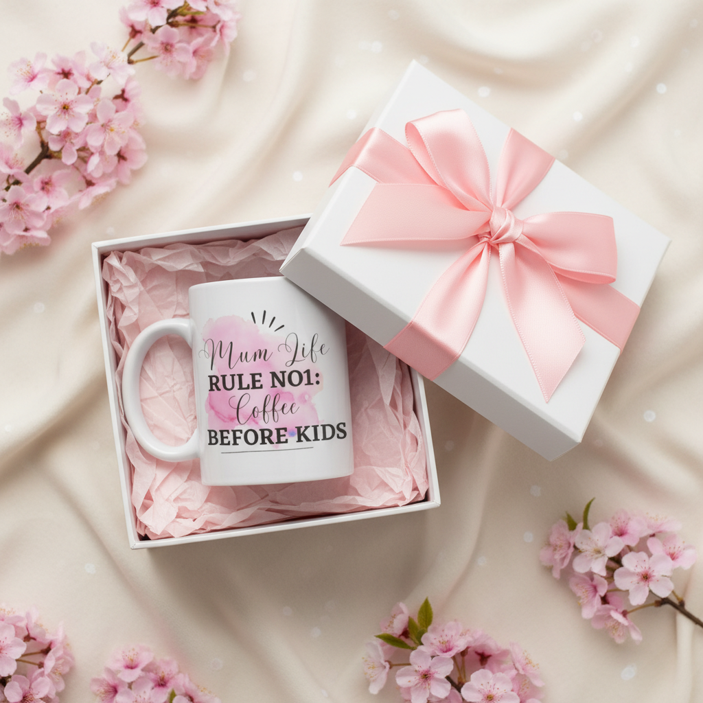 Coffee mug in gift box with pink tissue and satin bow, 'Mum Life Rule No 1' text
