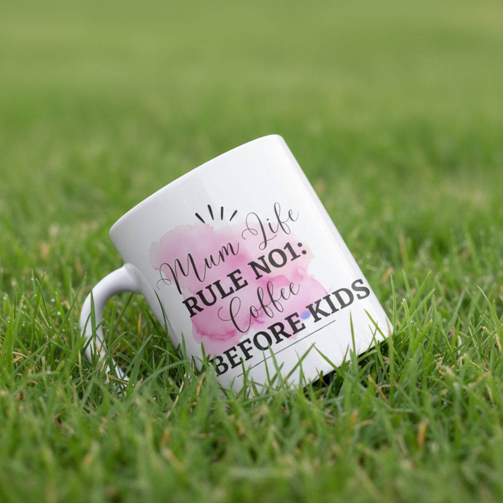White ceramic coffee mug in grass with pink 'Mum Life Rule No 1: Coffee Before Kids' text