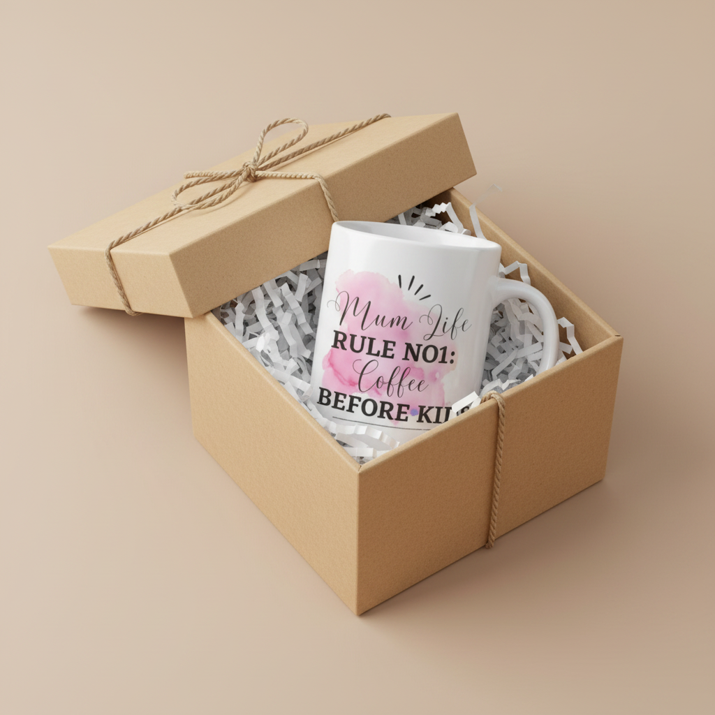 Coffee mug gift in open kraft box with shredded paper and pink 'Mum Life Rule No 1' text
