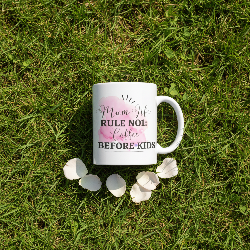 White ceramic coffee mug with pink 'Mum Life Rule No 1: Coffee Before Kids' text