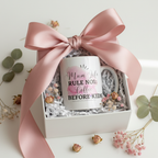 Coffee mug in white gift box tied with large pink satin bow, 'Mum Life Rule No 1' text
